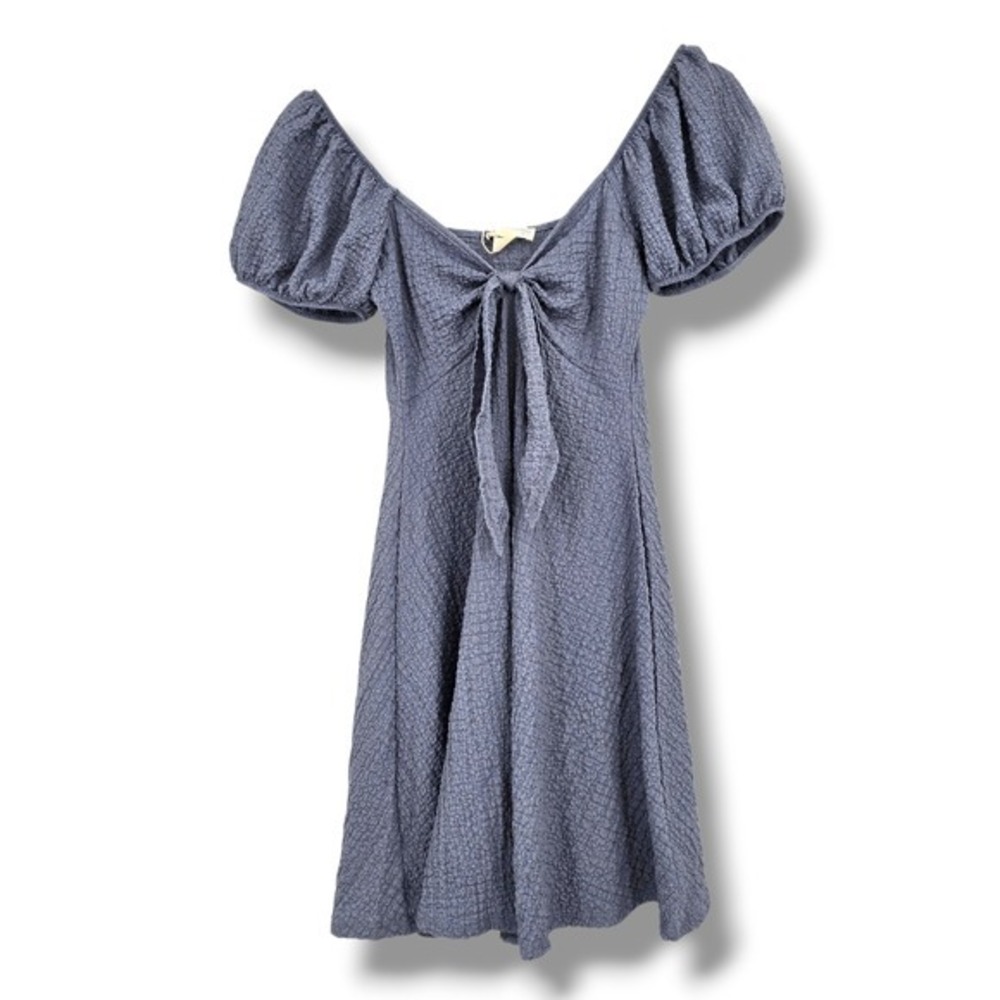 New See You Monday Puff‎ Sleeve Tie Front Textured Dress Blue Size Medium